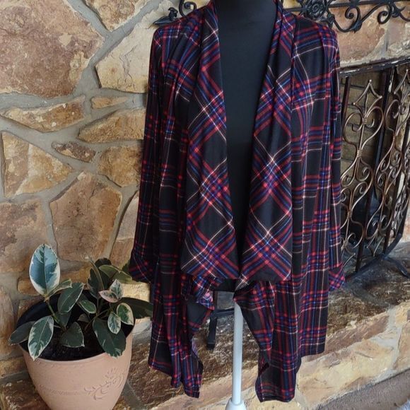 New‎ York Laundry Lightweight Open Drape Front Long Plaid Long Sleeve Top Sz XL - Picture 1 of 14
